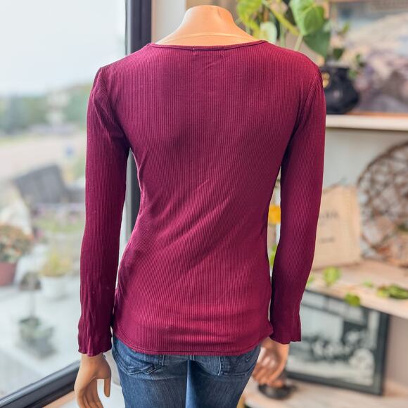 Democracy, Mulberry Ribbed Knit Criss Cross Neckline Long Sleeve Top, Medium - Picture 6 of 8